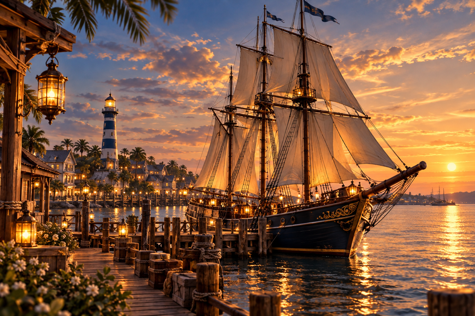 The M&K Mothership moored beside The Harbor at sunset, with the blue-striped lighthouse beyond.