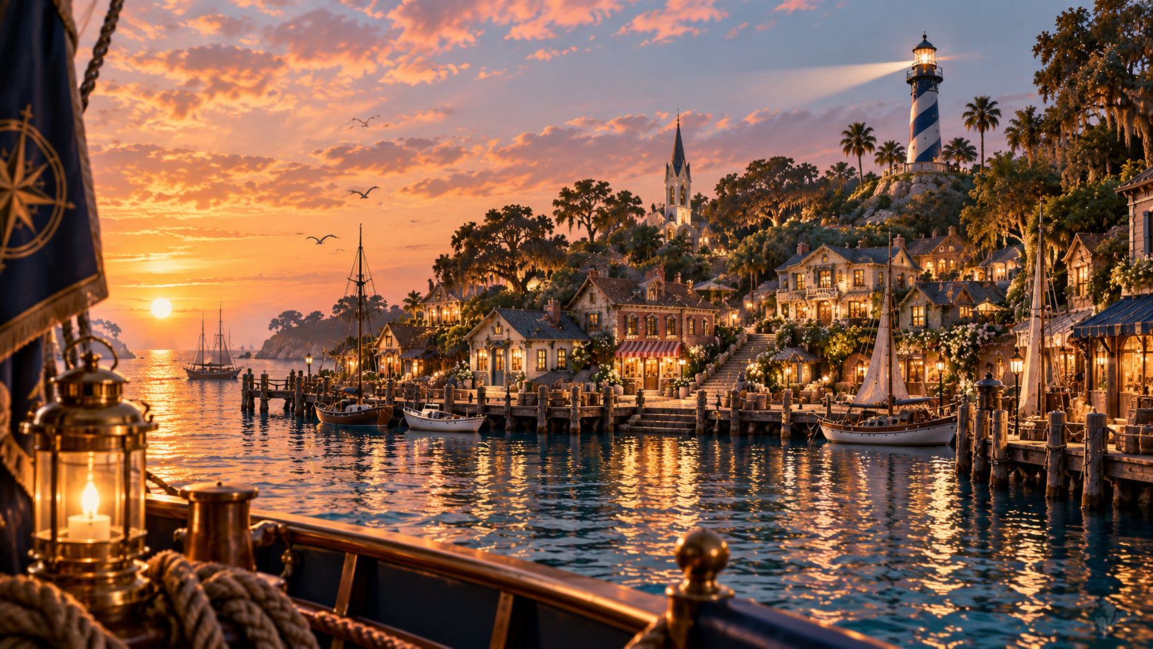 The Harbor village and lighthouse at sunset, seen from the deck of the M&K Mothership.