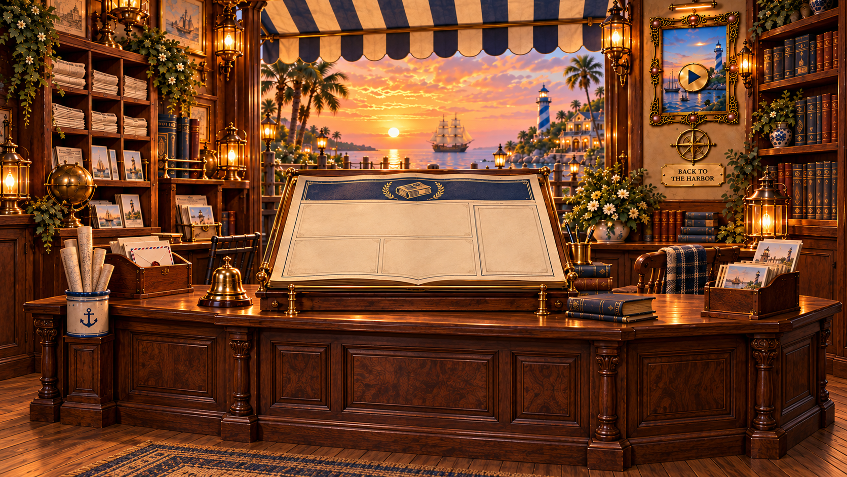Inside the Harbor Newsstand, where the latest newspaper rests open on a wooden desk.