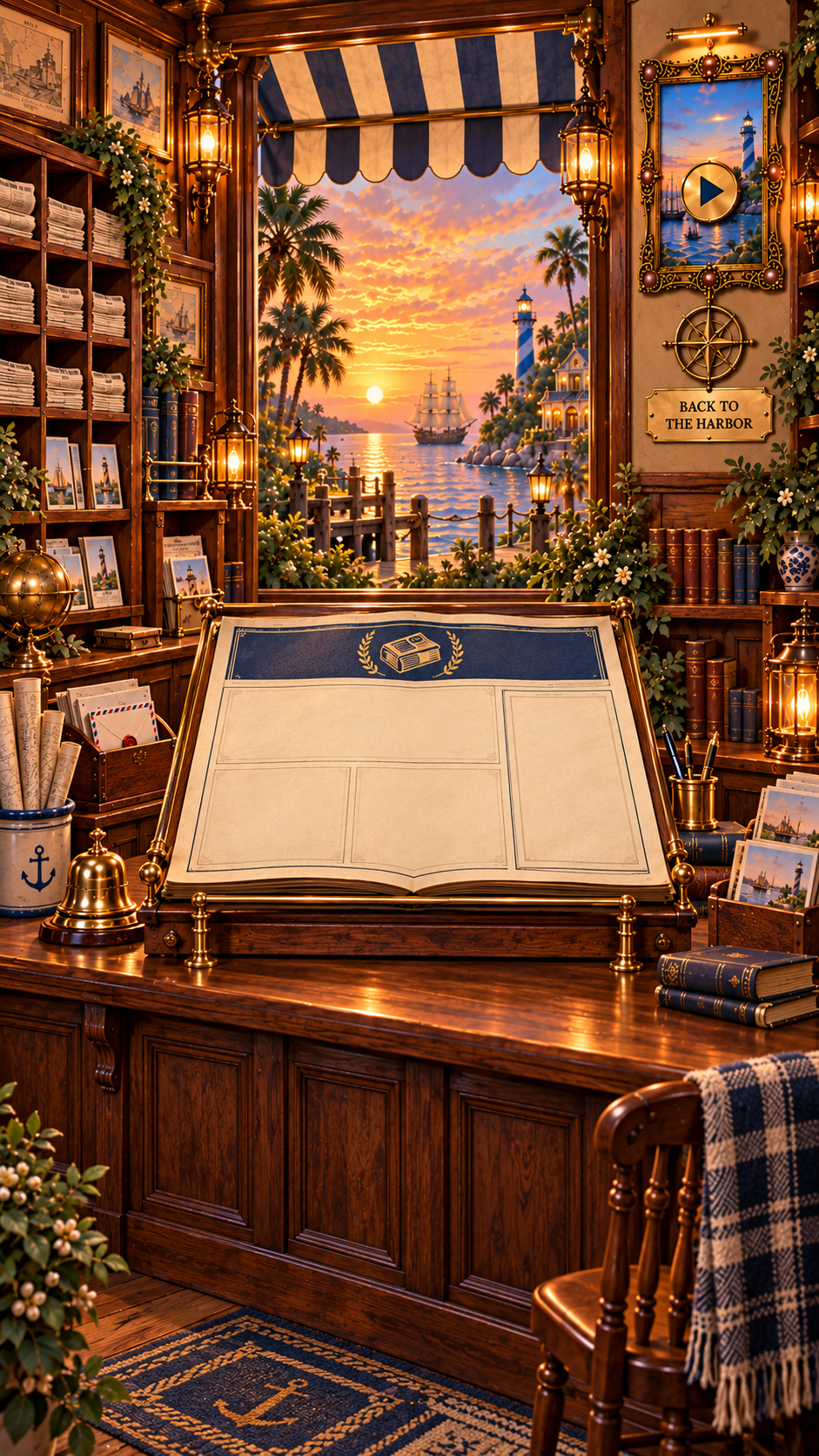 Inside the Harbor Newsstand, where the latest newspaper rests open on a wooden desk.