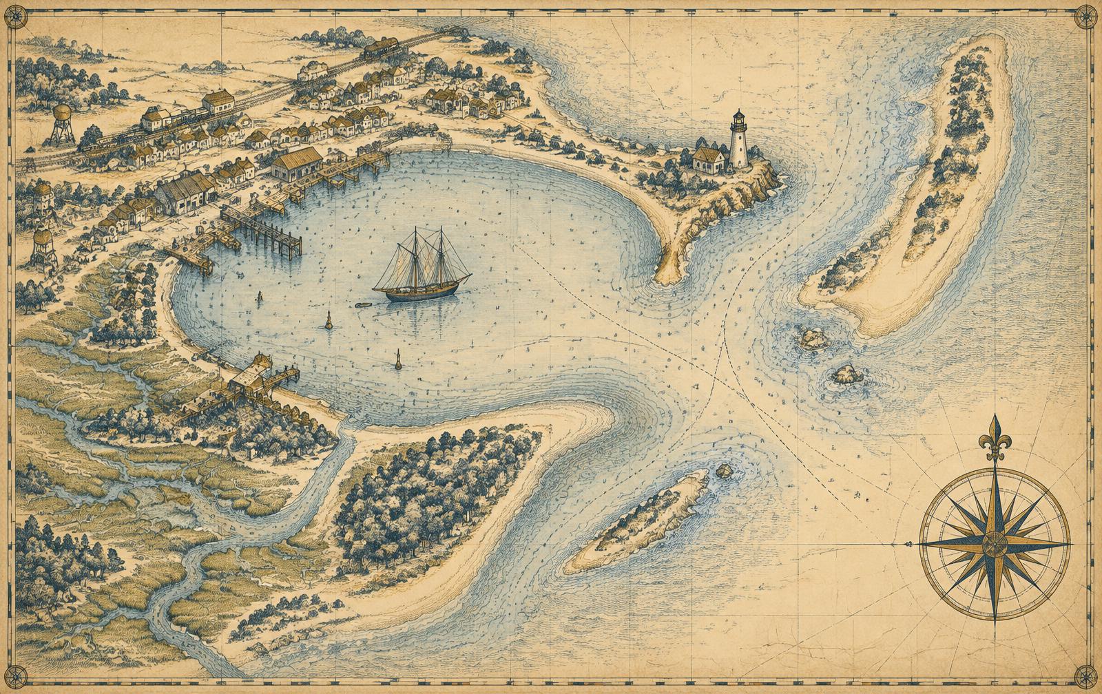 An antique sea chart of The Harbor, with brass pins marking each destination